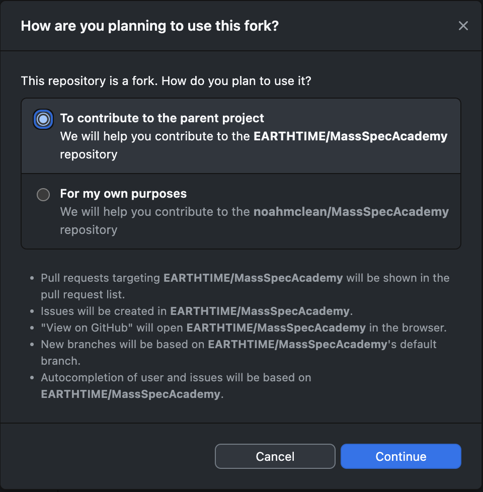GitHub Desktop fork popup